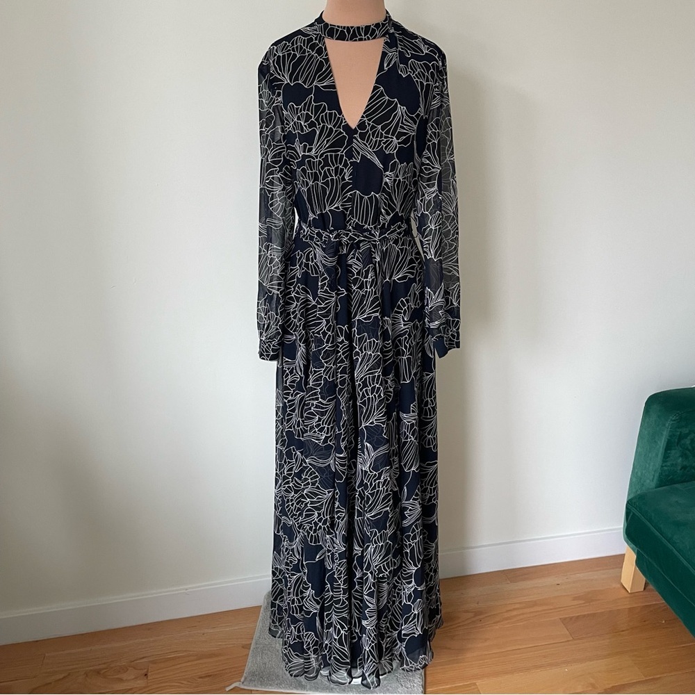 Anthropologie TY-LR Vision Abstract Floral Blue Sash Long Sleeve Maxi Dress XXS
